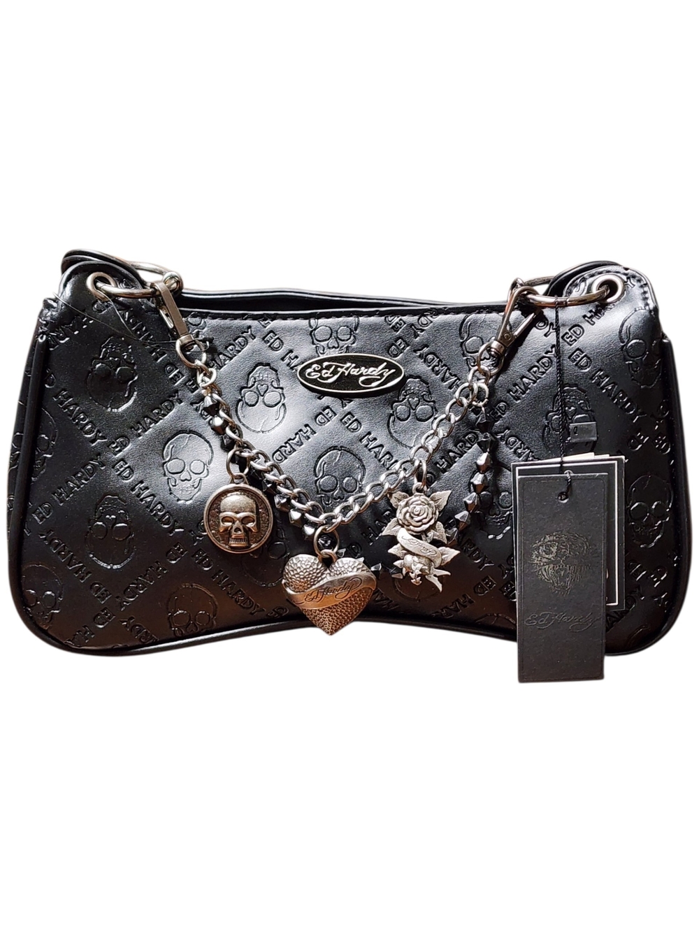 Ed Hardy Black Embossed Charm Shoulder Bag with Silver Accents - New With Tags